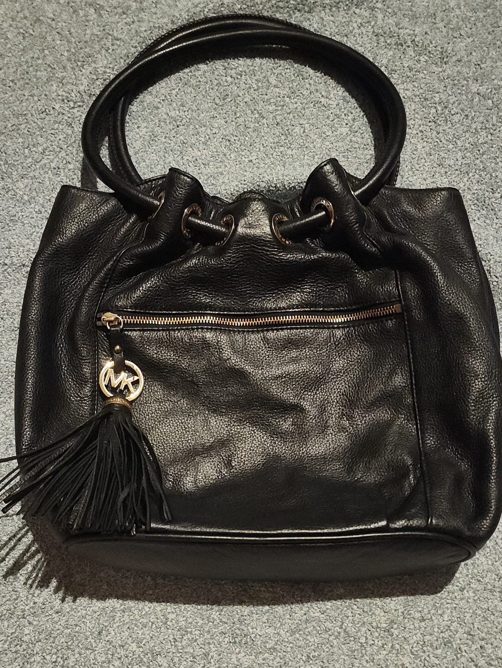 Michael Kors Black Leather Drawstring Shoulder Tote with Tassel Charm